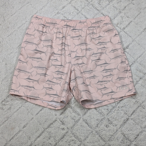 Huk Other - Huk Shorts Men's L Pink Barely Playa Ew Prints SailFish Beach Fishing Pockets 6”